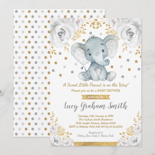 Invitation Baby shower d'éléphant neutre gris or floral (Devant / Derrière)
