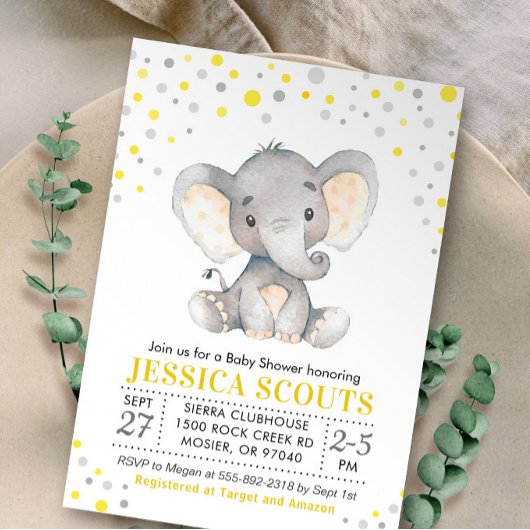 Invitation Baby shower d'éléphant Polka Neutre gris Jaune