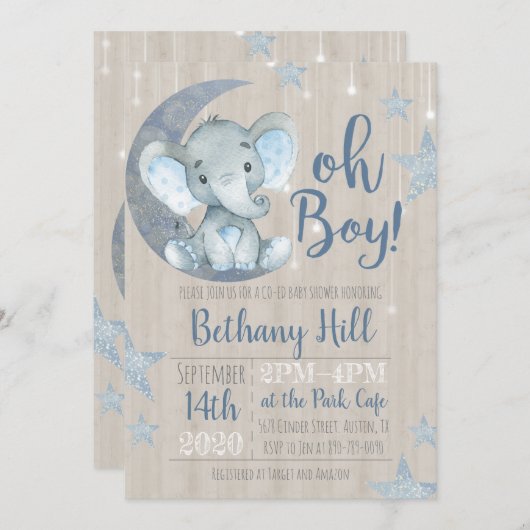 Invitation Baby shower d'éléphant pour bébés (Devant / Derrière)