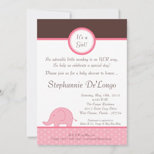 Invitation Baby shower d'éléphant pour fille rose (Devant)