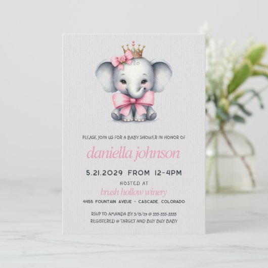 Invitation Baby shower d'éléphant rose (Debout devant)