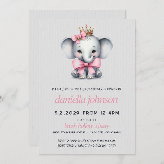 Invitation Baby shower d'éléphant rose (Devant / Derrière)