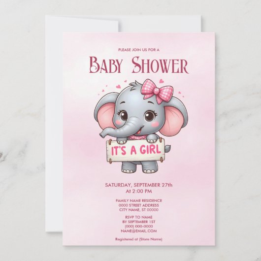 Invitation Baby shower d'éléphant rose (Devant)
