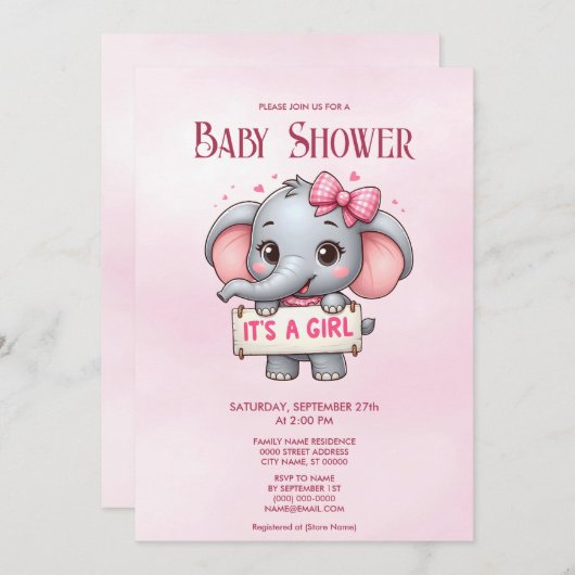 Invitation Baby shower d'éléphant rose (Devant / Derrière)