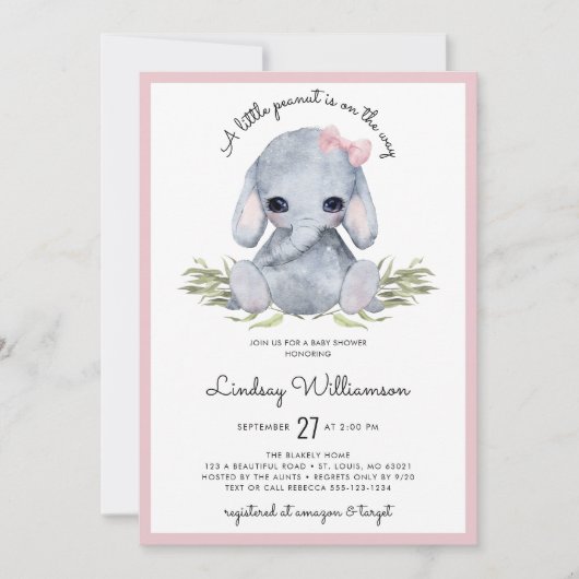 Invitation Baby shower d'éléphant rose (Devant)