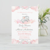 Invitation Baby shower d'éléphant rose couché (Debout devant)