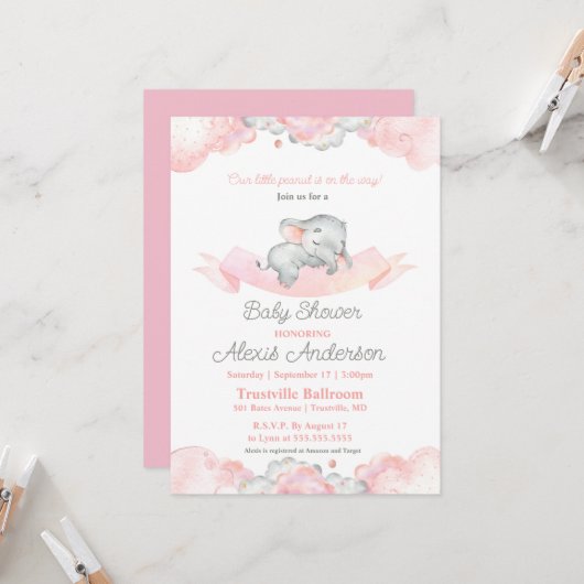 Invitation Baby shower d'éléphant rose couché (Devant/Arrière en situation)