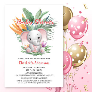 Invitation Baby shower d'éléphant rose de la Jungle tropicale