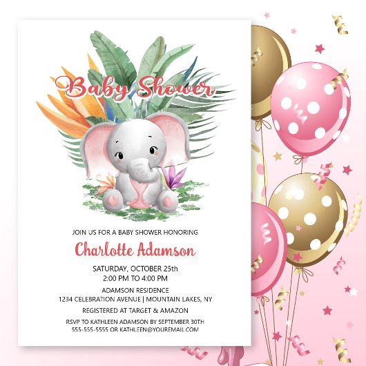 Invitation Baby shower d'éléphant rose de la Jungle tropicale