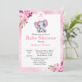 Invitation Baby shower d'éléphant rose de monogramme floral (Debout devant)