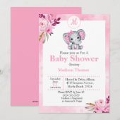 Invitation Baby shower d'éléphant rose de monogramme floral (Devant / Derrière)
