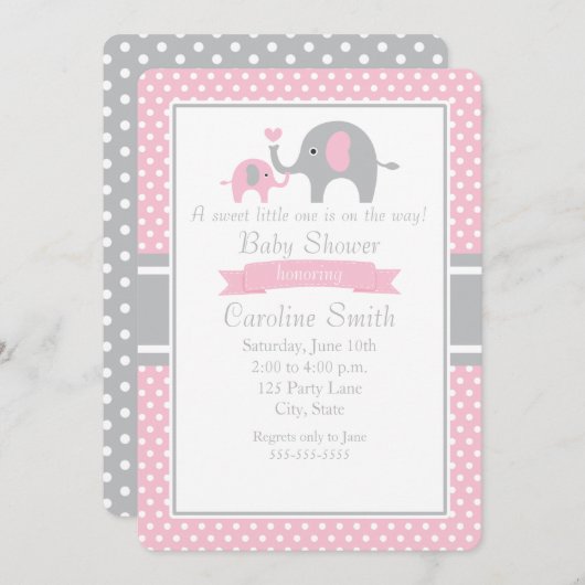 Invitation Baby shower d'éléphant rose et gris (Devant / Derrière)