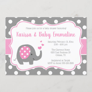 Invitation Baby shower d'éléphant rose et gris Polka