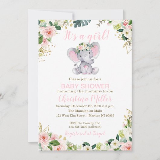 Invitation Baby shower d'éléphant rose et or (Devant)