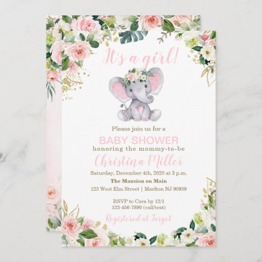 Invitation Baby shower d'éléphant rose et or (Devant / Derrière)