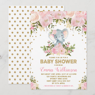 Invitation Baby shower d'éléphant rose et or Flora