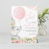 Invitation Baby shower d'éléphant rose floral (Debout devant)