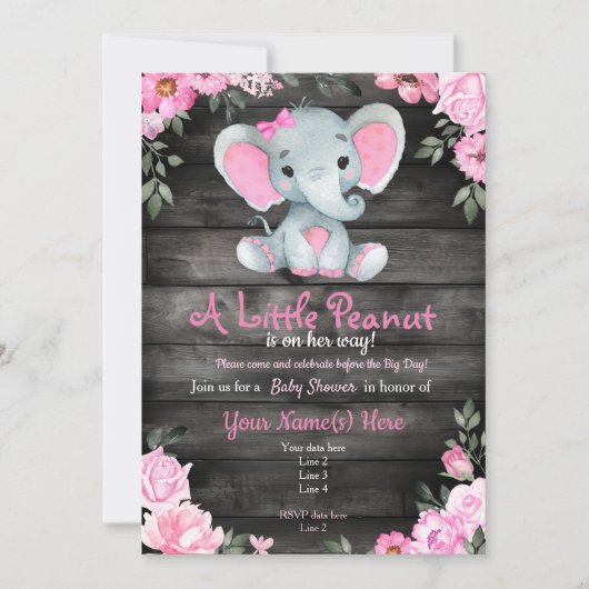 Invitation Baby shower d'éléphant rose, rustique (Devant)