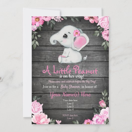 Invitation Baby shower d'éléphant rose, rustique (Devant)