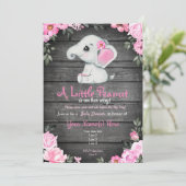Invitation Baby shower d'éléphant rose, rustique (Debout devant)
