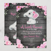 Invitation Baby shower d'éléphant rose, rustique (Devant / Derrière)