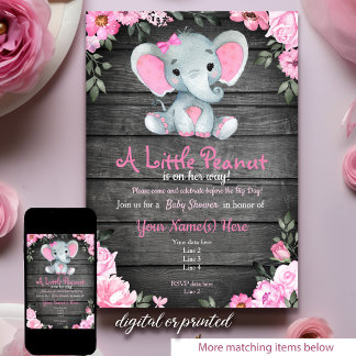 Invitation Baby shower d'éléphant rose, rustique