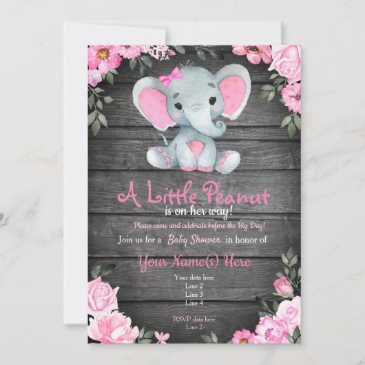 Invitation Baby shower d'éléphant rose, rustique (Devant)