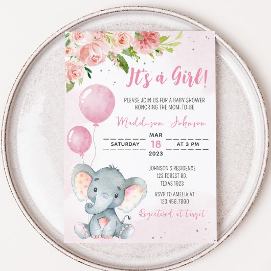 Invitation Baby shower d'éléphant rose vif