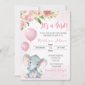 Invitation Baby shower d'éléphant rose vif (Devant)