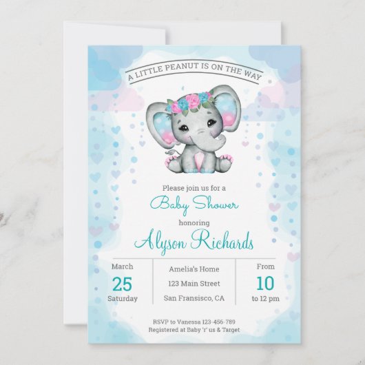 Invitation Baby shower d'éléphant turquoise violet (Devant)