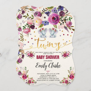 Invitation Baby shower d'éléphant Twin Girl
