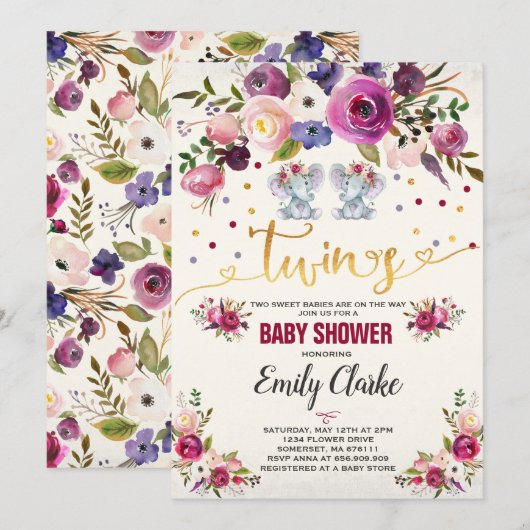 Invitation Baby shower d'éléphant Twin Girl (Devant / Derrière)