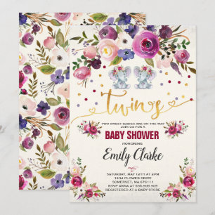 Invitation Baby shower d'éléphant Twin Girl