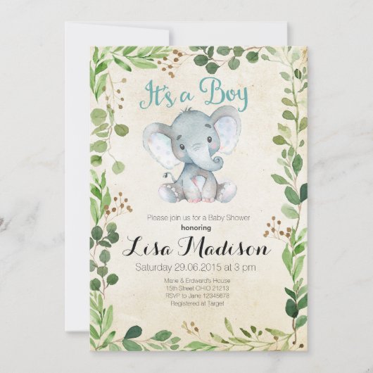 Invitation Baby shower d'éléphant vert (Devant)