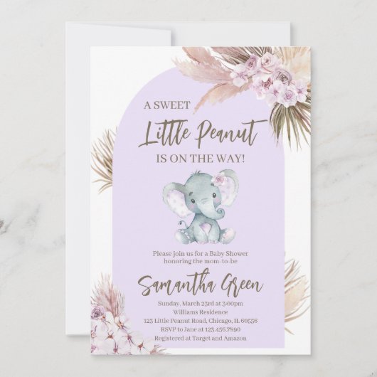 Invitation Baby shower d'éléphant violet Boho (Devant)