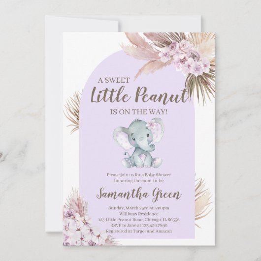 Invitation Baby shower d'éléphant violet de fille (Devant)