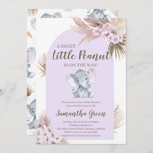 Invitation Baby shower d'éléphant violet de fille (Devant / Derrière)