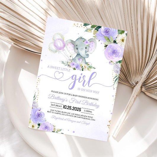 Invitation Baby shower d'éléphant violet de fille
