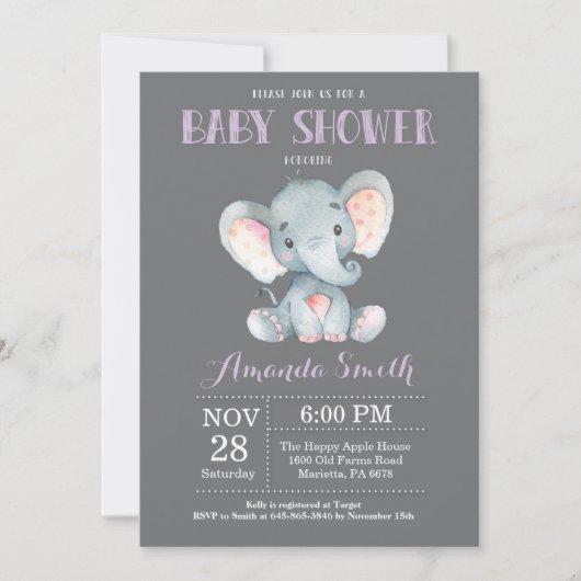 Invitation Baby shower d'éléphant violet et gris (Devant)