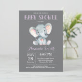 Invitation Baby shower d'éléphant violet et gris (Debout devant)