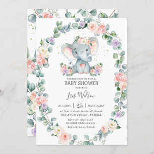 Invitation Baby shower d'éléphants à la végétation florale de