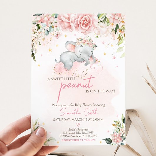 Invitation Baby shower d'éléphants floraux rose