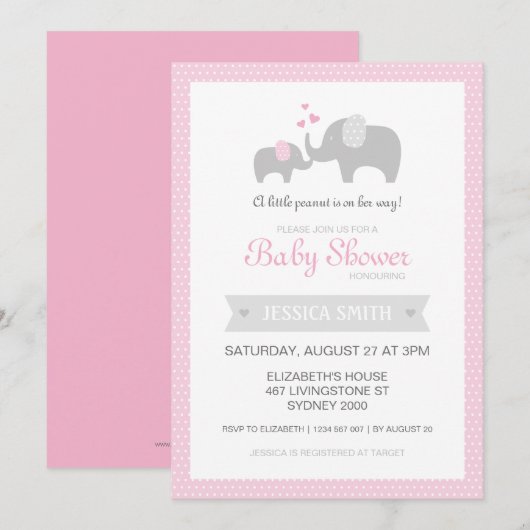 Invitation Baby shower d'éléphants - rose (Devant / Derrière)