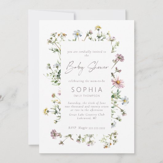 Invitation Baby shower délicat fleur sauvage de prairie (Devant)
