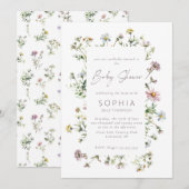 Invitation Baby shower délicat fleur sauvage de prairie (Devant / Derrière)