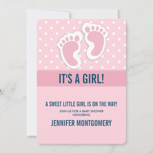 Invitation Baby shower d'empreintes de filles mignonnes roses (Devant)