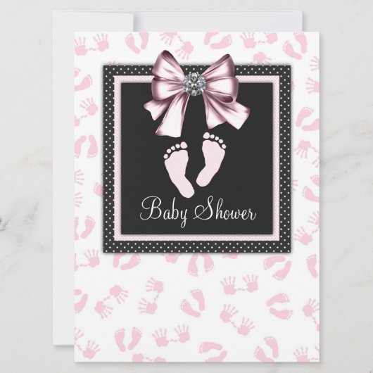 Invitation Baby shower d'empreintes rose noire (Devant)