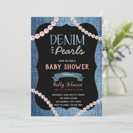 Invitation Baby shower Denim Pearls (Debout devant)