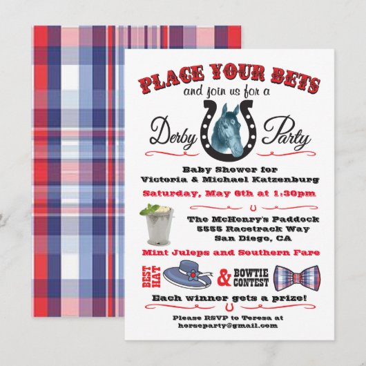 Invitation Baby shower Derby Horse Racing (Devant / Derrière)