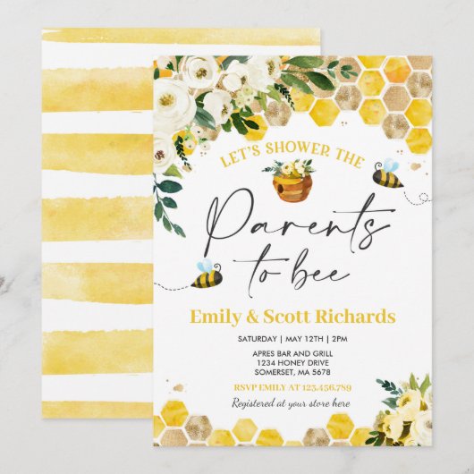 Invitation Baby shower Des Abeilles Parents Neutres Pour Être (Devant / Derrière)